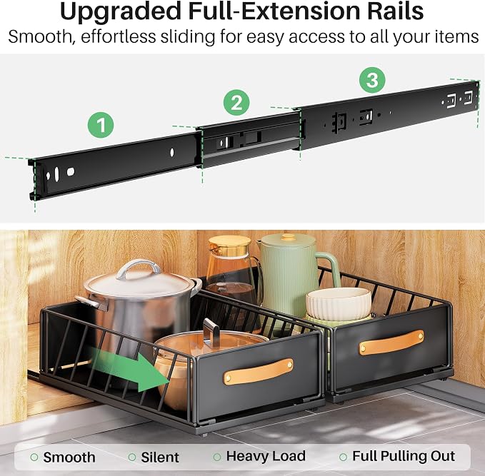 Pull out Cabinet Organizer,Heavy Duty Slide out Pantry Shelves Drawer Storage with Adhesive Nano Film,Sliding Mesh Cabinet Basket with Handle for Kitchen, Bathroom, Home, 13.8"W X 21"D X6.2"H,Black