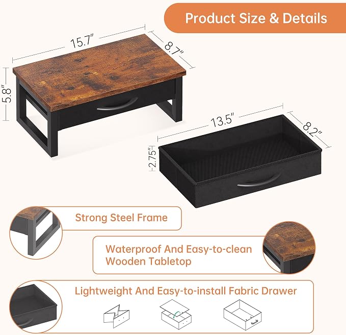 Computer Monitor Stand Riser with Drawer, 2-Tier Desk Accessories & Workspace Organizers, Laptop Stand for Desk with Storage, Office Organization, Wood