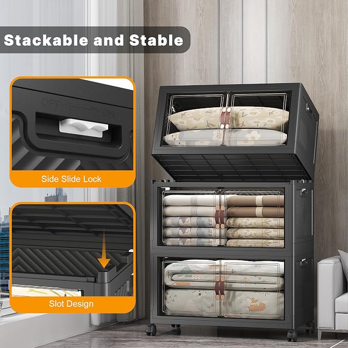 UAMFURI Stackable Storage Bins, 1050QT Collapsible Drawers with 2 Lids | Large Capacity, Magnetic Door, Stack Lock, Rolling Wheels, Foldable Design, Organizers and Storage for Bedroom Dorm Garage