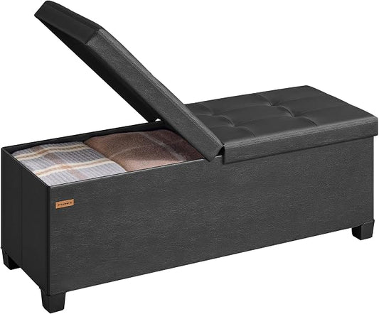 SONGMICS Storage Ottoman Bench with Legs, Folding Ottoman Foot Rest with Flipping Lid, Bench with Storage, for Living Room, Bedroom, Entryway, Linen-Look Fabric, 43.3 Inches, Ink Black ULSF079BH01
