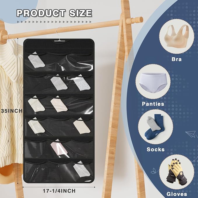 26-Pocket Hanging Closet Organizer for Socks and Underwear, Black | Non-woven clear compartments keep bras & leggings visible; swivel hook fits wardrobe, closet rod, wall, door or shelves.