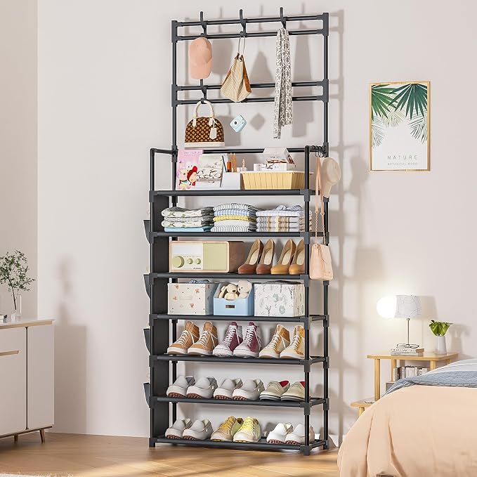 Shoe Rack 7 Tier Shoe Organizer Storage 21-28 Pairs | Closet Shoes Rack for Front Door Entrance Shoe Rack Organizer with Hooks Side Pocket Entryway Large Capacity Shoe Shelf Tower