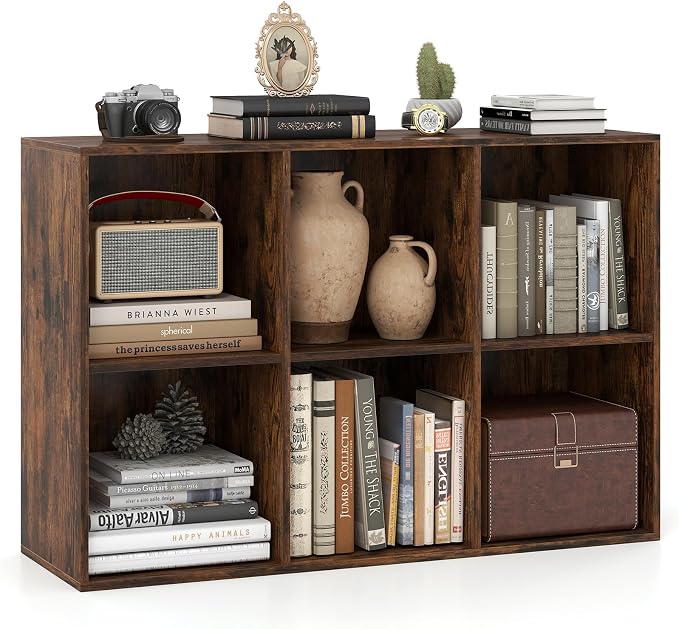 Giantex 6-Cube Bookcase, 3-Tier Cubby Bookshelf, Horizontal Vertical Display Rack with Anti-Tipping Kits, Modern Storage Organizer Shelf Unit for Living Room, Home Office, Rustic Brown | Horizontal Vertical Display Rack with Anti-Tipping Kits, Modern S...
