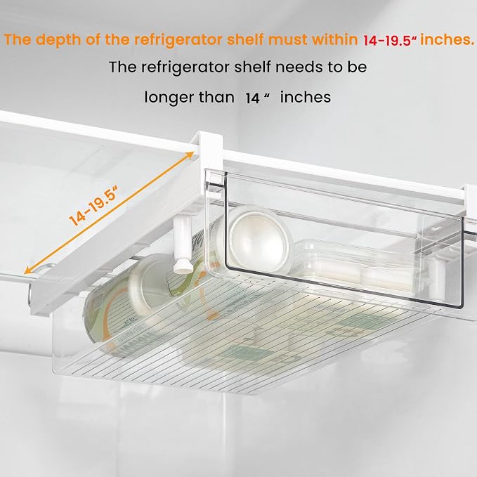 Large Fridge Under Shelf Drawer, Pull Out Refrigerator Drawer Organizer Fridge Organizer Bins, Fridge Storage Container Holder for Produce, Deli Meat, Cheese, Bacon, Easy to Install-L