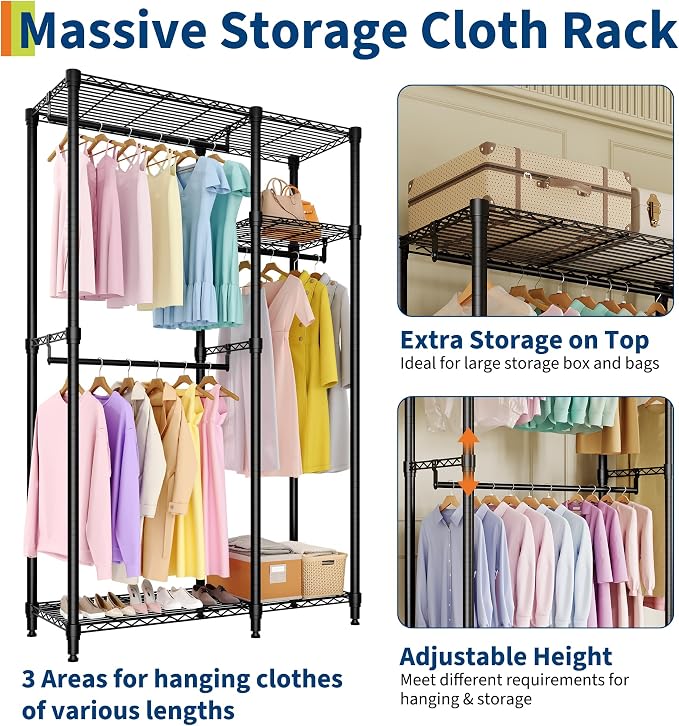 Freestanding Clothes Rack for Hanging Clothes, Heavy Duty Garment Rack Loads 700LBS with 3 Hanging Rods and Adjustable Wire Shelves, Portable Closet Wardrobe Organizer, 76.5"H x 41.6"L x 15.5"W, Black