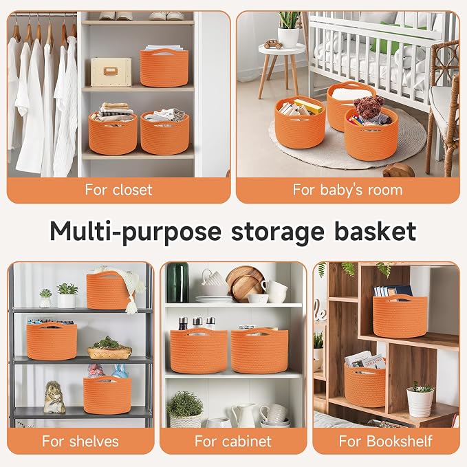 3 Pack Small Rope Storage Baskets, 9.82×9.82×7.1", Orange | Cotton Basket for Gifts Empty, Cute Round Woven Basket, Decorative Shelf Basket Organizer, Organizing Basket for Shelves