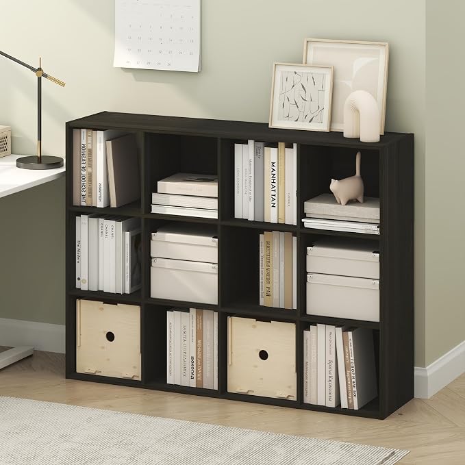 Furinno PELLI Book Shelf, 12-Cube Bookshelf, Cube Storage Organizer Bookcase, 11.7 x 47.6 x 36, for Living Room, Bedroom, Home Office, Espresso