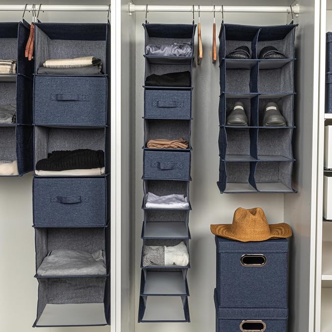 Household Essentials Hanging Narrow Cotton Blend and Plastic Closet Organizer with 10 Storage Shelves, Denim