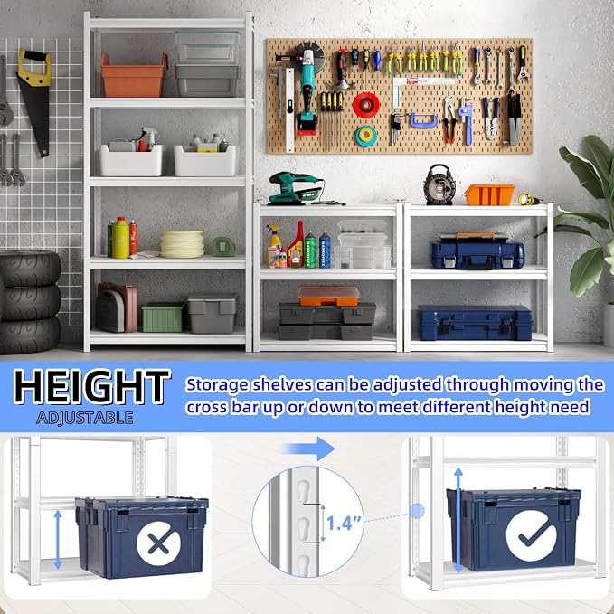 5 Tier Metal Storage Shelves Adjustable Garage Shelving, Heavy Duty Industrial Utility Rack Organization for Kitchen, Pantry, Closet, Garage, Office (White)