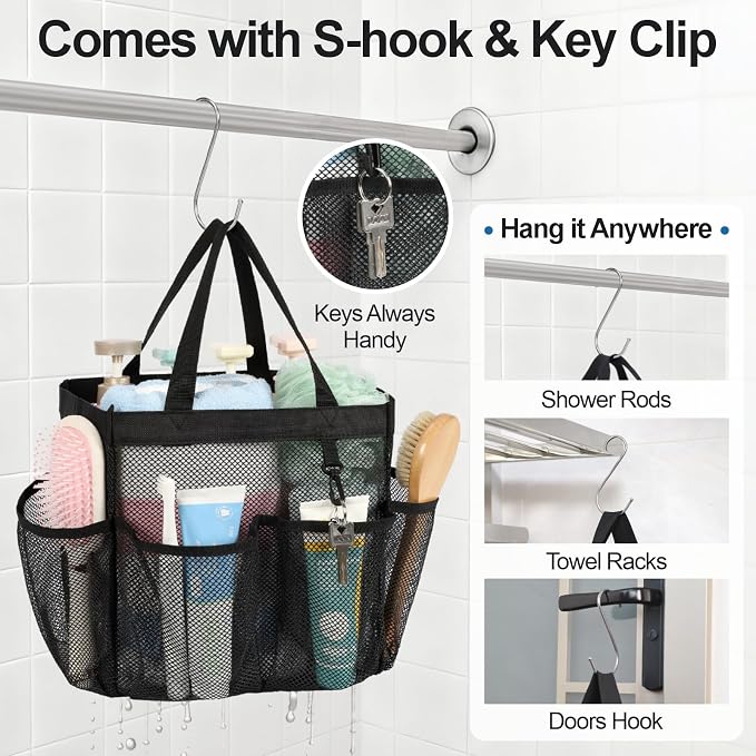 Mesh Shower Caddy Portable - 2 Packs, S-Hook, Shower Bag for Dorm Camping | 8 Pockets, 2-Handle, Quick-Dry, Hanging College Dorm Room Essentials for Girls, Gym, Travel & Bathroom, Black & Mint Green