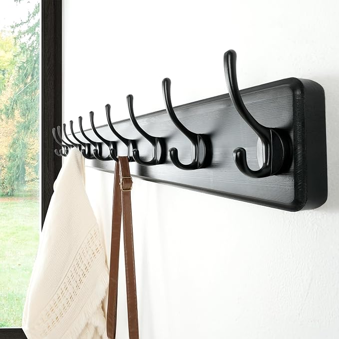 Coat Rack Wall: 38-1/4" Long, Patented, Heavy-Duty, 10-Double-Hooks Wooden Wall Mounted Coat Rack Coat Hanger Hook Rail for Winter Coats Hat Jacket Clothing, Black