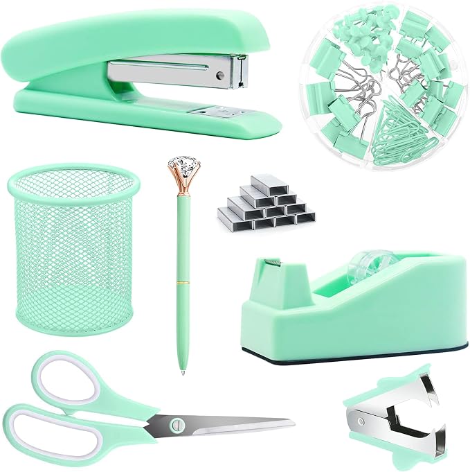 Green Desk Accessories, Green Office Supplies, Stapler, Staple Remover, Tape Holder, Pen Holder, Ballpoint Pen, Scissor, Binder Clips, Paper Clips and 1000pcs Staples.