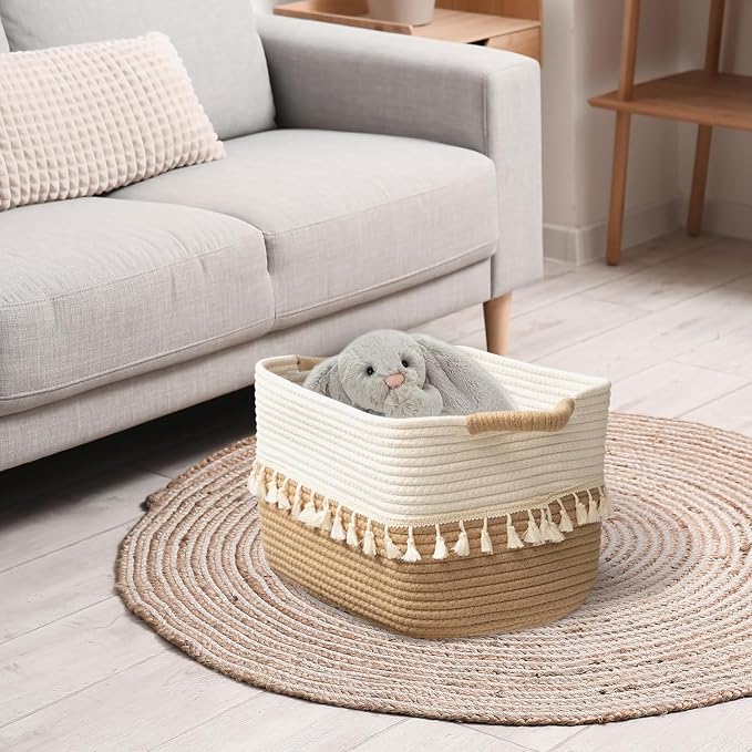 TeoKJ 2 Pack Woven Storage Bin, Cotton Rope Basket for Storage, Clothes Boho Basket Bin for Organizing, Fabric Basket for Books, Plants, Pet Treats, White & Jute