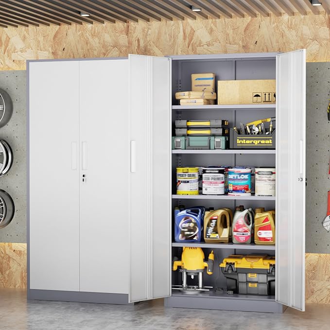 INTERGREAT Metal Storage Cabinet, 72" Locking Steel Cabinets with 2 Door and 4 Adjustable Shelves, Tall Metal Cabinet for Home Office, Garage, Warehouse, New Grey