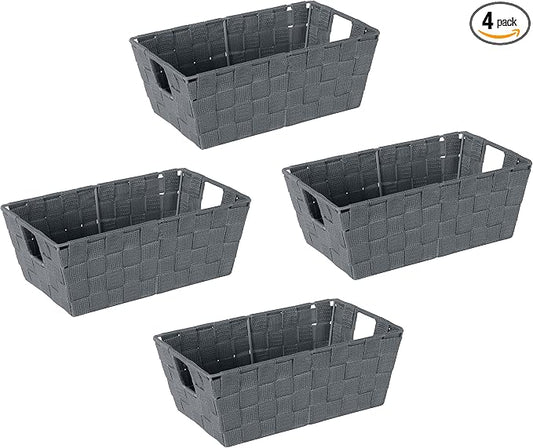 Simplify Small Shelf Woven Strap Tote | Decorative Storage Basket | Built in Handles | Organization | Closet | Bedroom | Bathroom | Nursery | Accessories | Toys | Gifts | 4 Pack | Grey