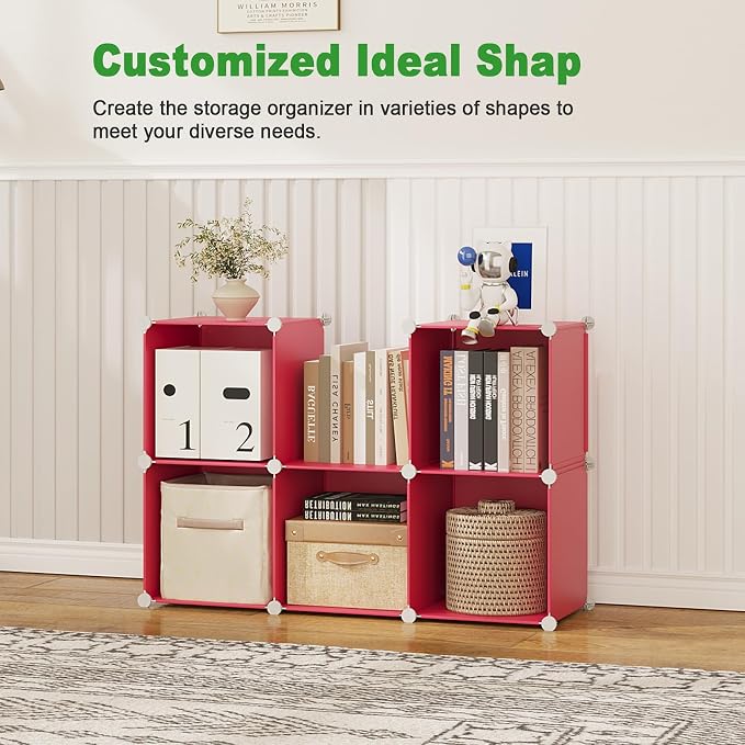 C&AHOME 6-Cube Storage Organizer, Stackable Storage Cubes Shelves, Portable Bookshelf, Plastic Clothing Storage Closet Organizer, DIY Modular Shelving Units for Wardrobe, Home, Red