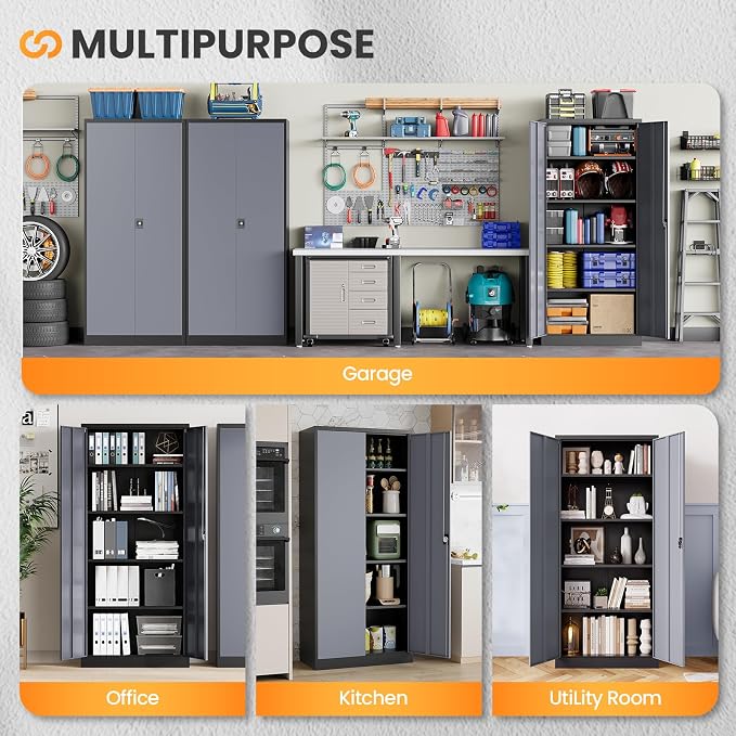 Metal Garage Storage Cabinets with Lock, 71" Tall Tool Cabinet with 2 Door and 4 Adjustable Shelves, Locking Garage Cabinets and Lockable Steel Locker for Home Office Warehouse-(Black Gray-71”H)