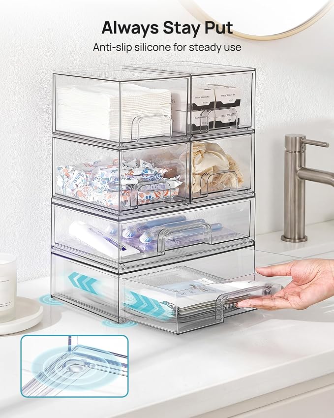 Vtopmart Clear Stackable Storage Drawers Set of 5, Plastic Organizer Bins for Makeup, Cosmetics, Beauty Supplies,Ideal for Vanity, Bathroom,Cabinet,Pantry Organization