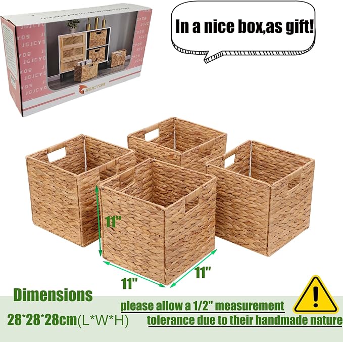 11x11in Storage Baskets 4 Pcs Square Baskets for Cube Shelf,Foldable Handwoven Water Hyacinth Storage Bins for Laundry Organizer