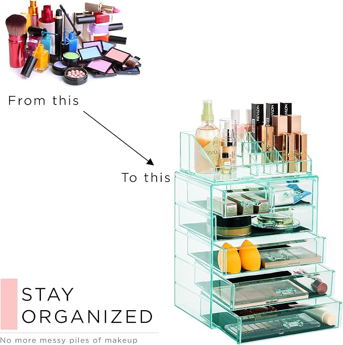 Sorbus Acrylic Makeup Organizer Set, 6-Drawer Vanity & Countertop Cosmetic Storage with Small & Wide Compartments, Teal Thrill Makeup Storage for Brushes, Jewelry – Holiday Gift for Women & Teens