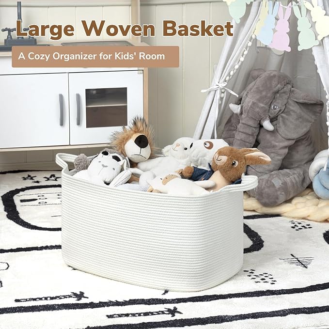 Goodpick Large Cotton Rope Blanket Basket, Rectangle, White | 21.6 x 14.9 x 11.8 in, Reinforced Handles, Living Room, Bedroom & Nursery Organization, Blankets, Toys & Bedding Storage