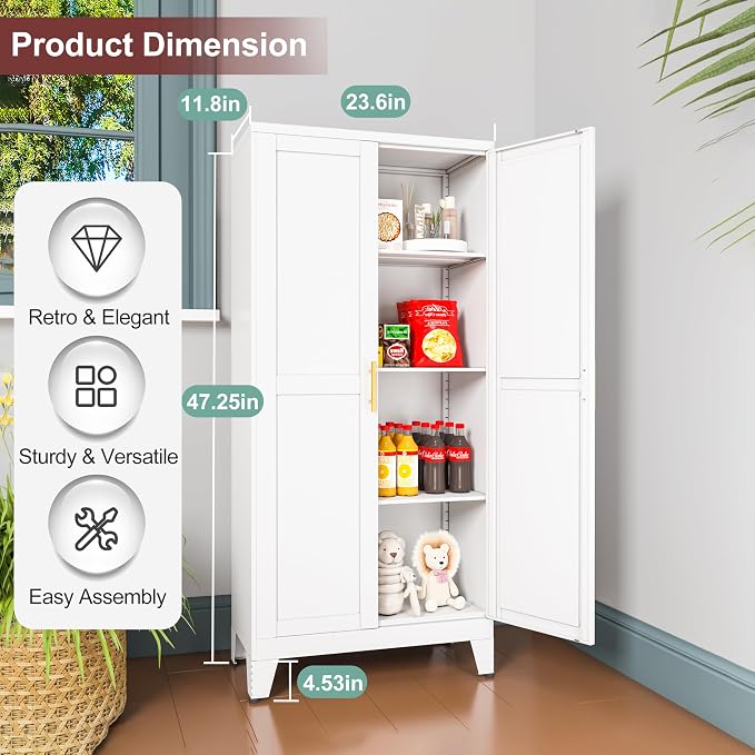 winiowa Metal Pantry Cabinet with 2 Doors and Adjustable Shelves, Kitchen Storage cabinets with Gold Handles, Versatile Storage for Laundry/Living Room,Bathroom,Dinning Room-White