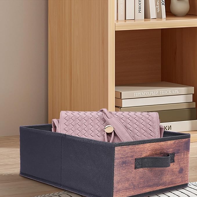 JAKAGO Fabric Storage Bins set of 4 Rectangle Storage Baskets with Handle Foldable Closet Organizer for Clothes Towel bedding Books Collapsible Clothing Container for Shelves Bedroom(Wood Low)