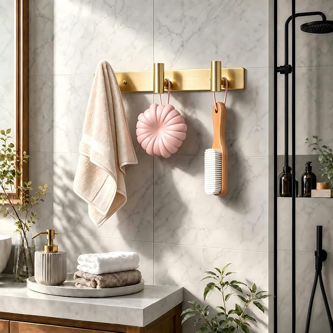 Wall Mounted Coat Rack-3 Hooks, Heavy Duty Stainless Steel Wall Hooks for Towel Coat Bag, Hat Rack Coat Hanger Coat Hooks Towel Racks for Bathroom Entryway Kitchen Hotel Office (Gold,1 Pack)