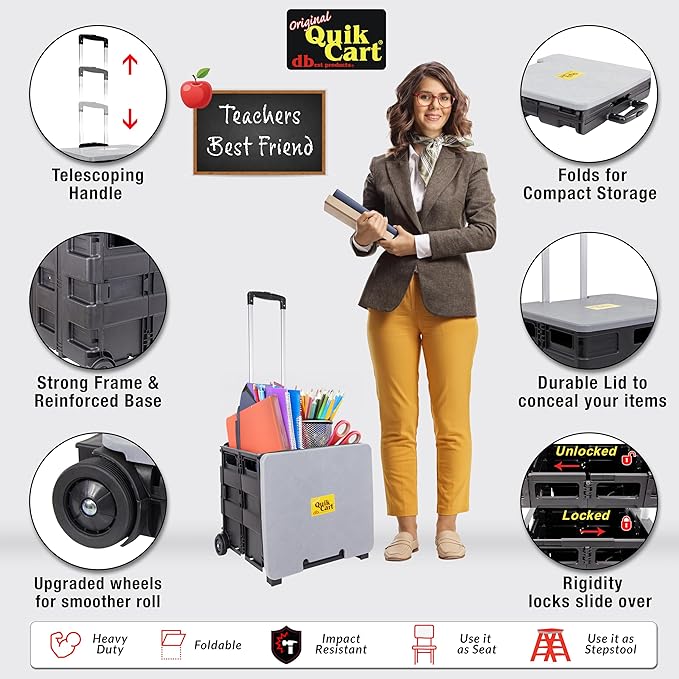 dbest products Quik Cart Collapsible Rolling Crate on Wheels for Teachers Tote Basket 80 lbs Capacity, Made from Heavy Duty Plastic and Used as a Seat, Grey | with Wheels, Roll Up to 80 lbs Capacity, Heavy Duty Plastic Construction, Telescoping Handle,...