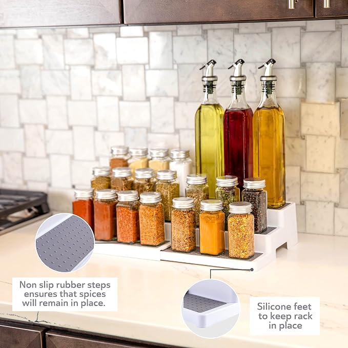 Oizeir Plastic 3-Tier Expandable Spice Rack, Adjustable Length, Stability with Non-Skid Shelf, For Easy Visibility, Organizer for Kitchen Cabinet, Pantry or Countertop, (2-Pack), White/Grey | Expandable Plastic Spice Rack Organizer, Adjustable Length 3...