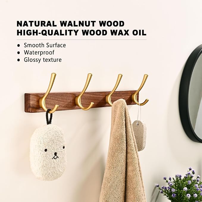 2 Pack 17.3" Small Walnut Wood Coat Rack Wall Mount with 4 Hooks, Heavy Duty Wooden Jacket Hanger Door Mounted for Decorative Entryway Bathroom Hanging Towel Backpack Purse Hat Key Satin Gold