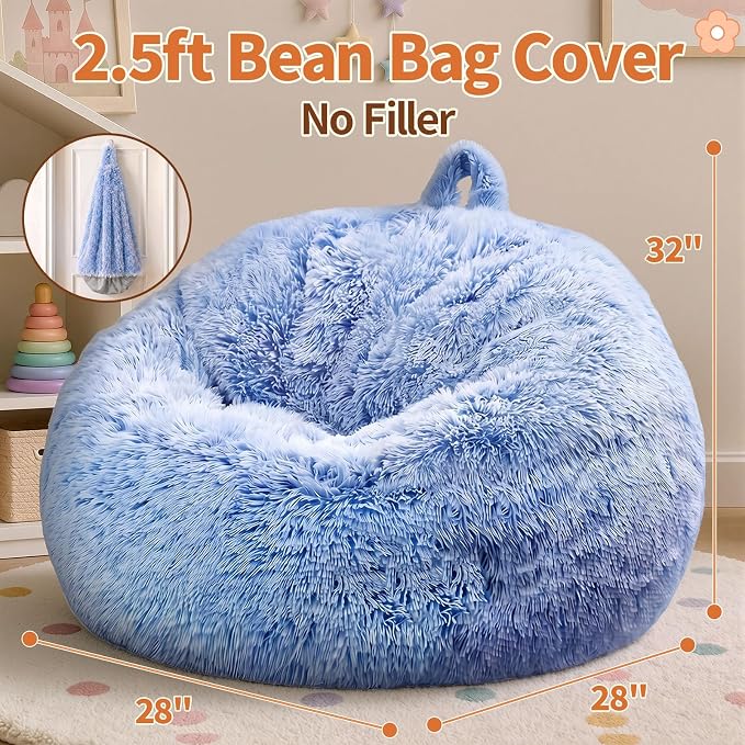 Stuffed Animal Storage Bean Bag Chair Cover, Soft Bean Bag Cover | Fluffy Faux Fur Stuffed Animal Storage Chair, Non-Slip Bottom, Fill with Plush Toys or Blankets, for Kids Teens Adults Girls