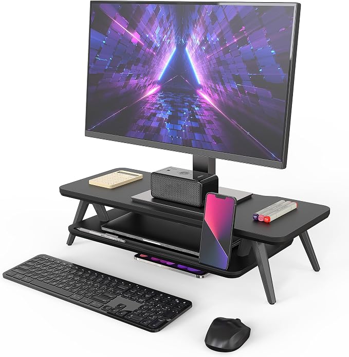 Fenge Monitor Stand Riser, Wooden Desk Shelf with 2-Tier Storage | 23.6-Inch Wide, Sturdy Aluminum Legs, Built-In Phone & Tablet Slot, Desktop Organizer for Office Accessories