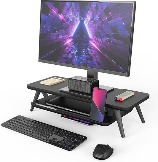 Fenge Monitor Stand Riser, Wooden Desk Shelf with 2-Tier Storage | 23.6-Inch Wide, Sturdy Aluminum Legs, Built-In Phone & Tablet Slot, Desktop Organizer for Office Accessories