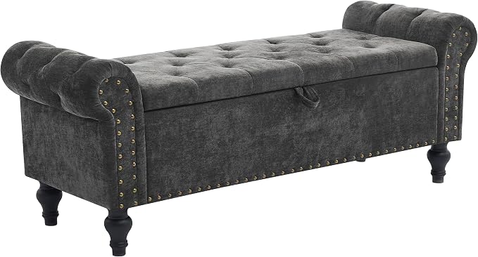 51" Storage Bench for Bedroom, Upholstered Ottoman Bench, Chenille DarkGray | End of Bed Bench for Bedroom, Window Benches for Living Room, Entryway, Ottoman with Large Storage Space, Pet Friendly