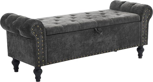 51" Storage Bench for Bedroom, Upholstered Ottoman Bench, Chenille DarkGray | End of Bed Bench for Bedroom, Window Benches for Living Room, Entryway, Ottoman with Large Storage Space, Pet Friendly