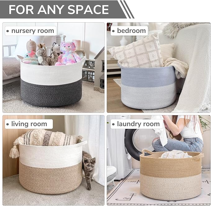 INDRESSME XXXLarge Woven Rope Blanket Basket Living Room, 90L | 21.7" x 13.8" Storage baskets for toys laundry & pillows. Fits living room, bedroom or nursery décor. Soft-touch with handles