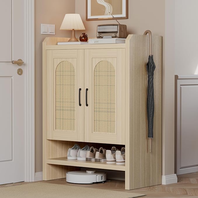 6-Tier Shoe Cabinet Storage for Entryway, Rattan Shoes Organizer Cabinets with Doors, Wooden Shoe Rack, Farmhouse Boho Wood Storage Cabinet (Oak, 6-Tier)