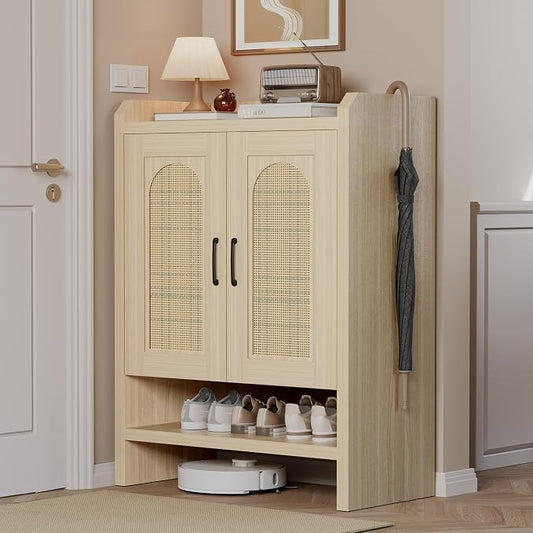 6-Tier Shoe Cabinet Storage for Entryway, Rattan Shoes Organizer Cabinets with Doors, Wooden Shoe Rack, Farmhouse Boho Wood Storage Cabinet (Oak, 6-Tier)