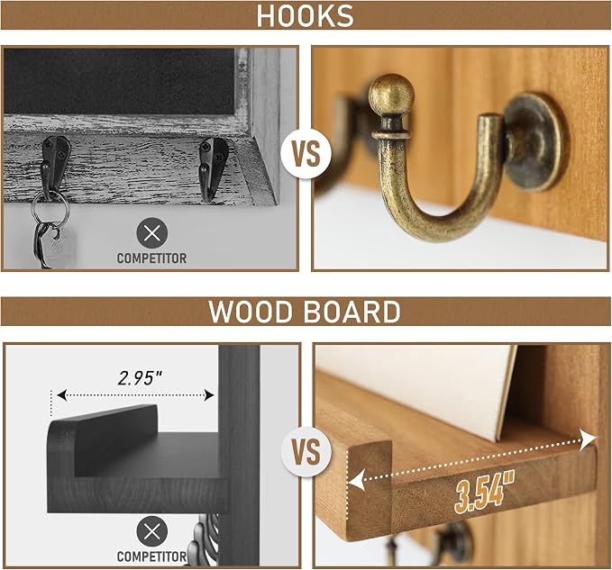 Rebee Vision Key Holder Wall Mount with Shelf for Living Room, Light Brown | 3.54" x 10" x 7.28", 5 Hooks, Key Holder for Wall, Mail Organizer, Floating Shelf, Apartment Essential, Rustic Decor Accent