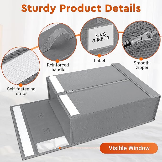 StorageTastic Bed Sheet Closet Organizers and Storage Under Bed Storage | Foldable Storage Containers with Window and Label,Storage and Organization for Bedding Sheets,Duvet Covers,Blankets,6 Pack
