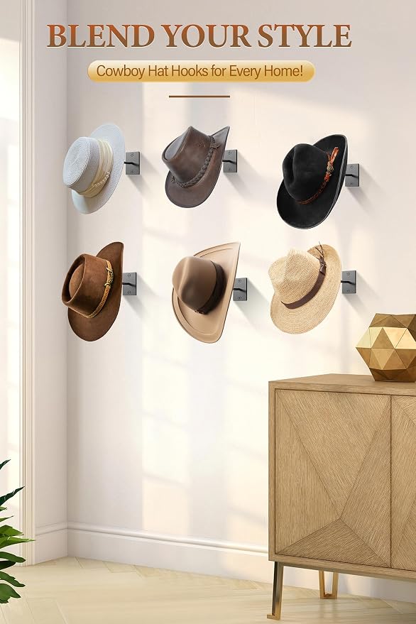 Cinati Cowboy Hat Rack for Wall 6 Pack, Cowboy Hat Holder Wall Mount, Western Rustic Metal Hats Hanger Hooks Organizer for Fedora,Sun Hats,Wide Brim,Western Room Decor