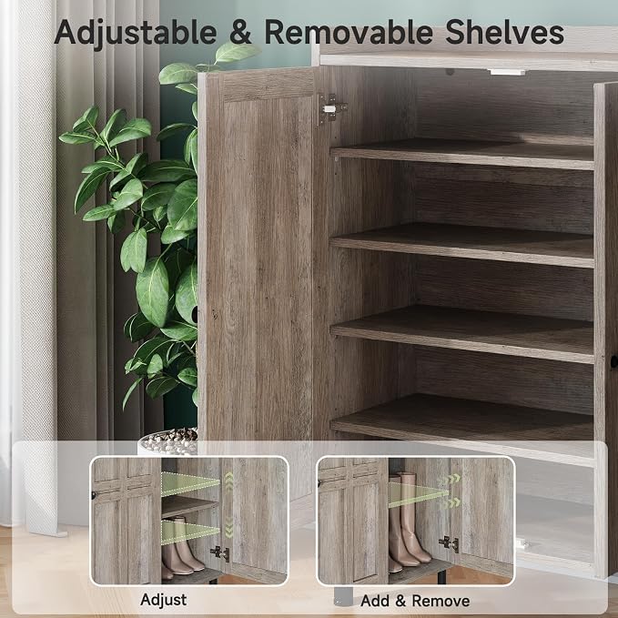 Shoe Storage Cabinet with 3 Doors, 8-Tier Shoe Cabinet with 5 Adjustable Shelves and Metal Legs, 40'' Tall Shoe Rack Organizer Cabinet for Entryway, Front Door, Gray Wash