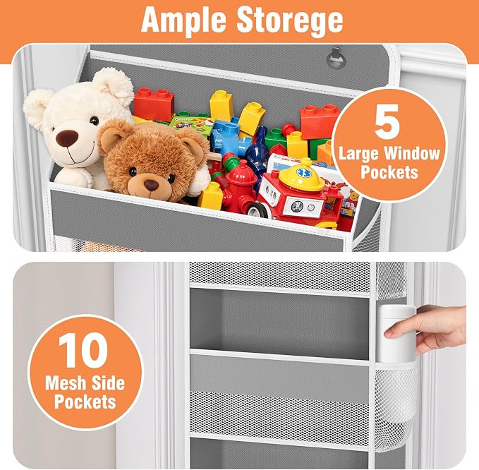 Over The Door Organizer Storage Large Capacity Hanging Bedroom Storage | 5 Shelves, 40 LB Capacity, Foldable Mesh Design, Clear Window, Sturdy, Large Storage Organizer for Nursery, Pantry & Closet
