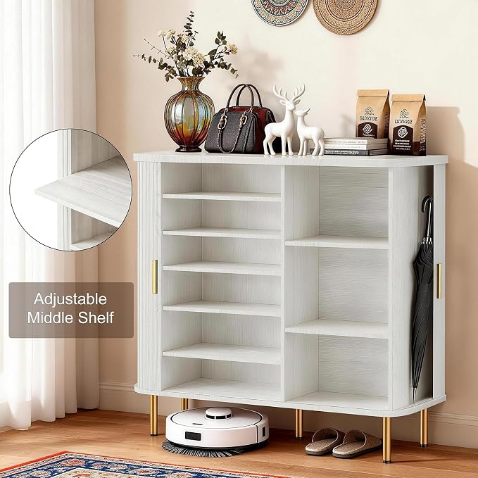 DHH Shoe Storage Cabinet with Sliding Door, 6-Tier Shoe Cabinet with Adjustable Shelves, Modern Freestanding Shoe Storage Organizer for Entryway, Hallway, Living Room (Washed Grey, 47 ")