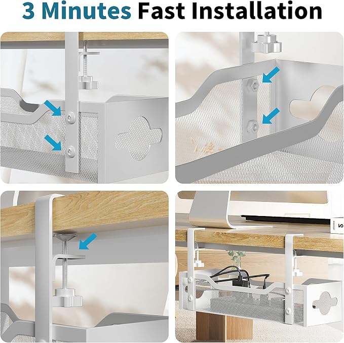 Under Desk Cable Management Tray 2 Pack, No Drill Cable Organizer With Clamp for Standing Desk, Easy to Install Cord Management System, No Damage Wire Organizer