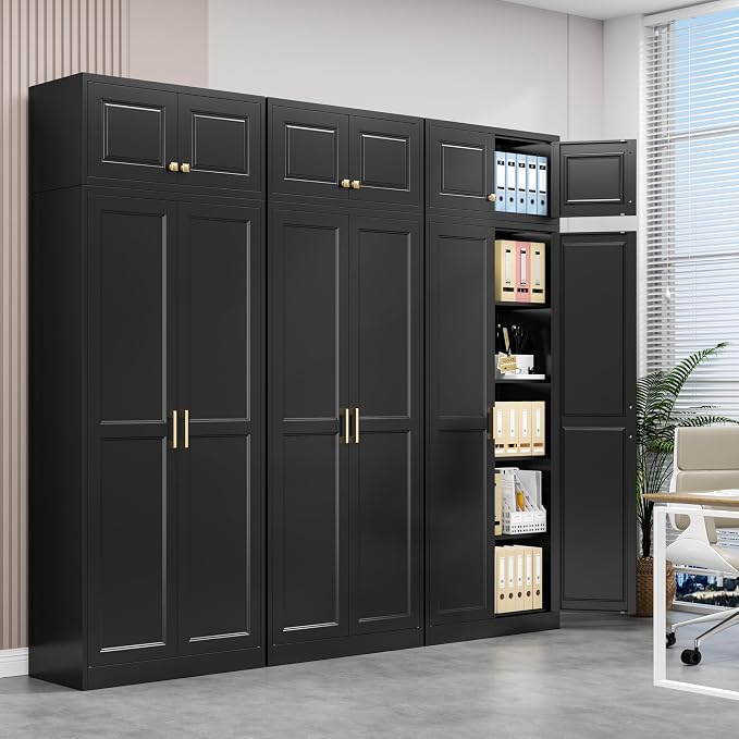 Polup 86" Tall Metal Kitchen Pantry Storage Cabinet with Doors and Shelves | Heavy-Duty Black Cabinet, 4 Adjustable Shelving, Gold Handles, Magnetic Latch, for Dining Living Room, Bathroom & Garage