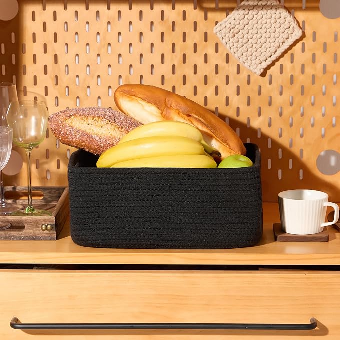 MiniArk Small Storage Baskets for Organizing | Closet Organizer Bins | Shelf Toy Basket | Woven Rope Baskets | Cube Decorative Box | Shallow Basket | 13x8.5x5.1” | 3 Packs Black