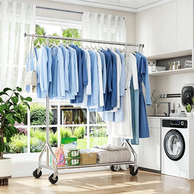 Simple Trending Heavy Duty Clothes Rack, Extensible Clothing Rack, Silver | Garment Rack Load 450 LBS, Portable Closet with Mesh Bottom Shelf, 360° Lockable Wheels, Bedroom, Laundry Room