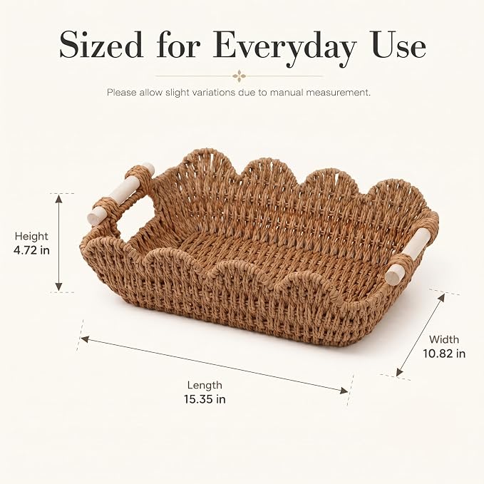 Coeusy 2 Pack Gift Basket, Cute Scalloped Basket with Handles, Decorative Basket for Display,Snack,Shelves, Natural